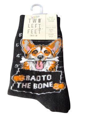 Kids Two Left Feet Bad To The Bone Socks Ages 3-6 Sizes 8-13 Black With Corgi De